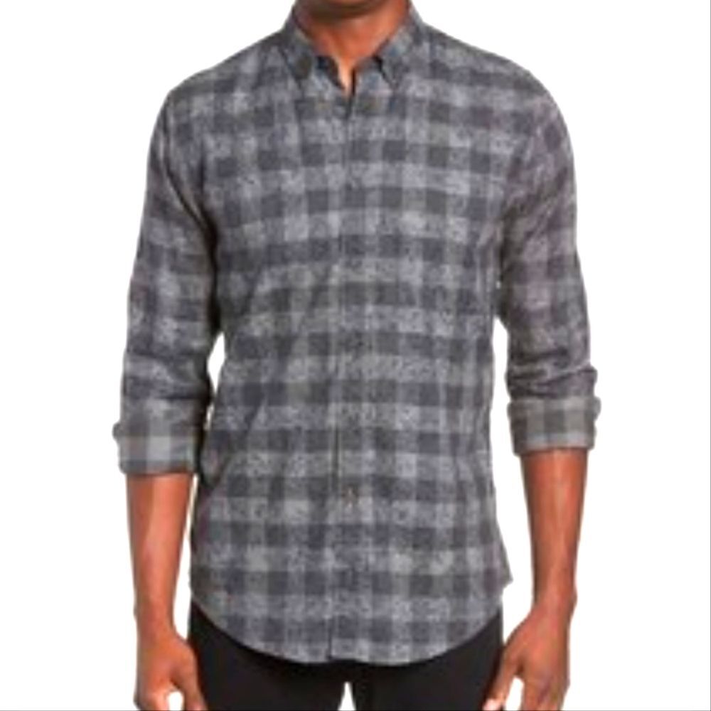 Outpost Makers men's 100% cotton blue & gray plaid button-down flannel shirt, L